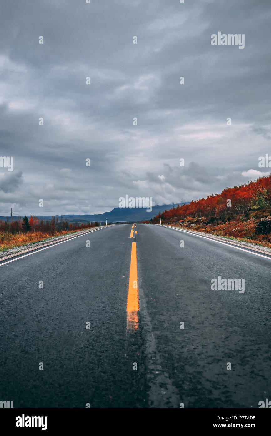 Northern Norway, autumn day on the road with everything turning red as the summer is over and clouds looking mighty Stock Photo
