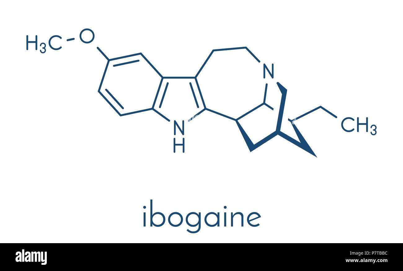 Ibogaine alkaloid molecule, found in Tabernanthe iboga. Skeletal formula. Stock Vector