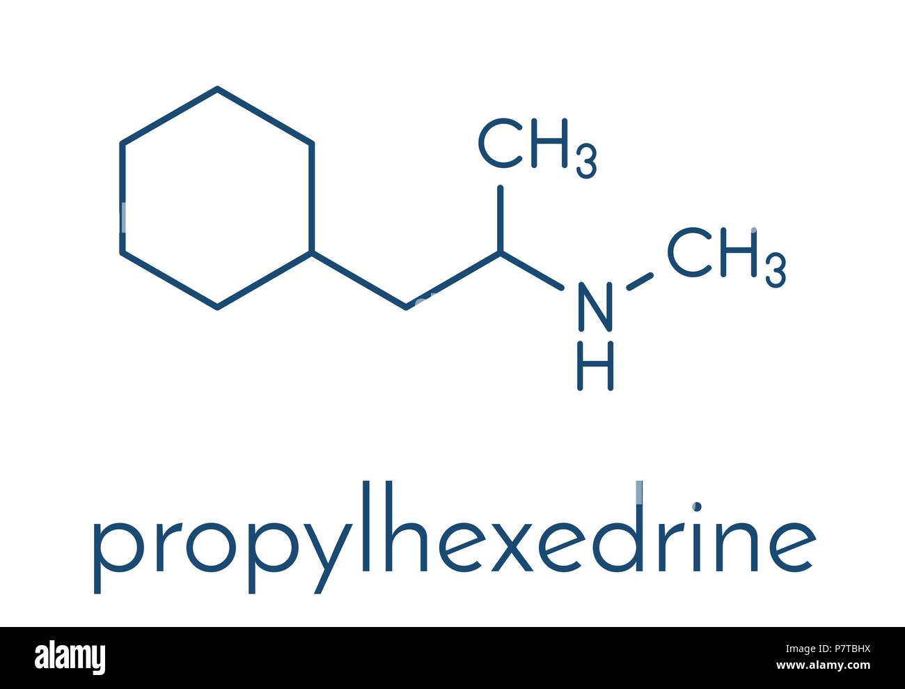 Propylhexedrine molecule. Used as nasal decongestant and stimulant. Skeletal formula. Stock Vector