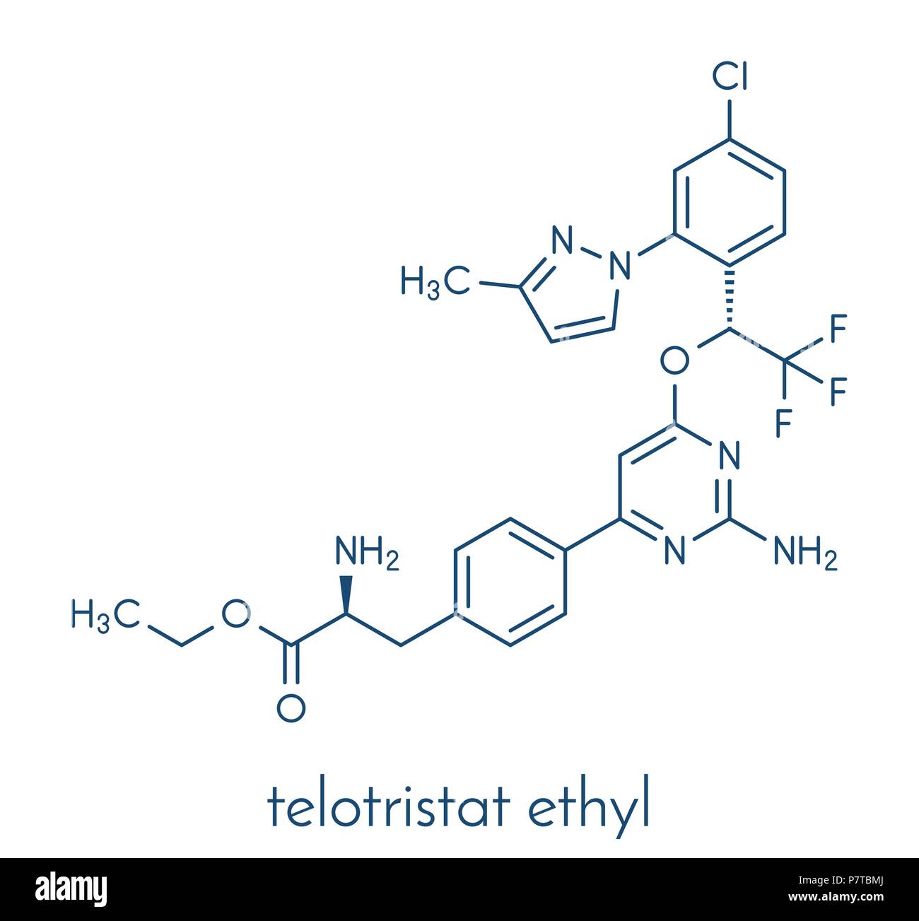 Telotristat ethyl drug molecule (tryptophan hydroxylase inhibitor). Skeletal formula. Stock Vector