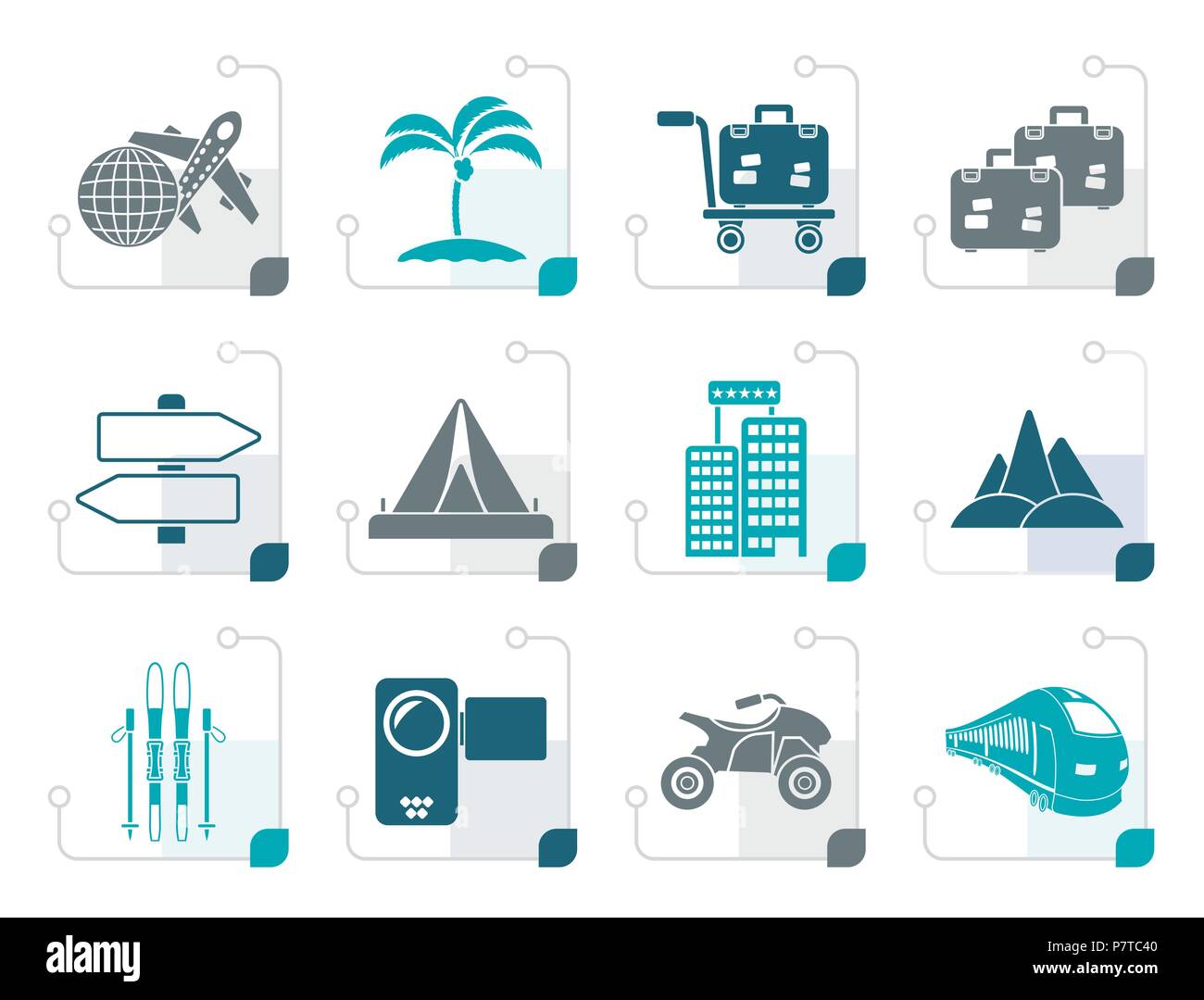 Stylized Holiday travel and transportation icons - vector icon set Stock Vector