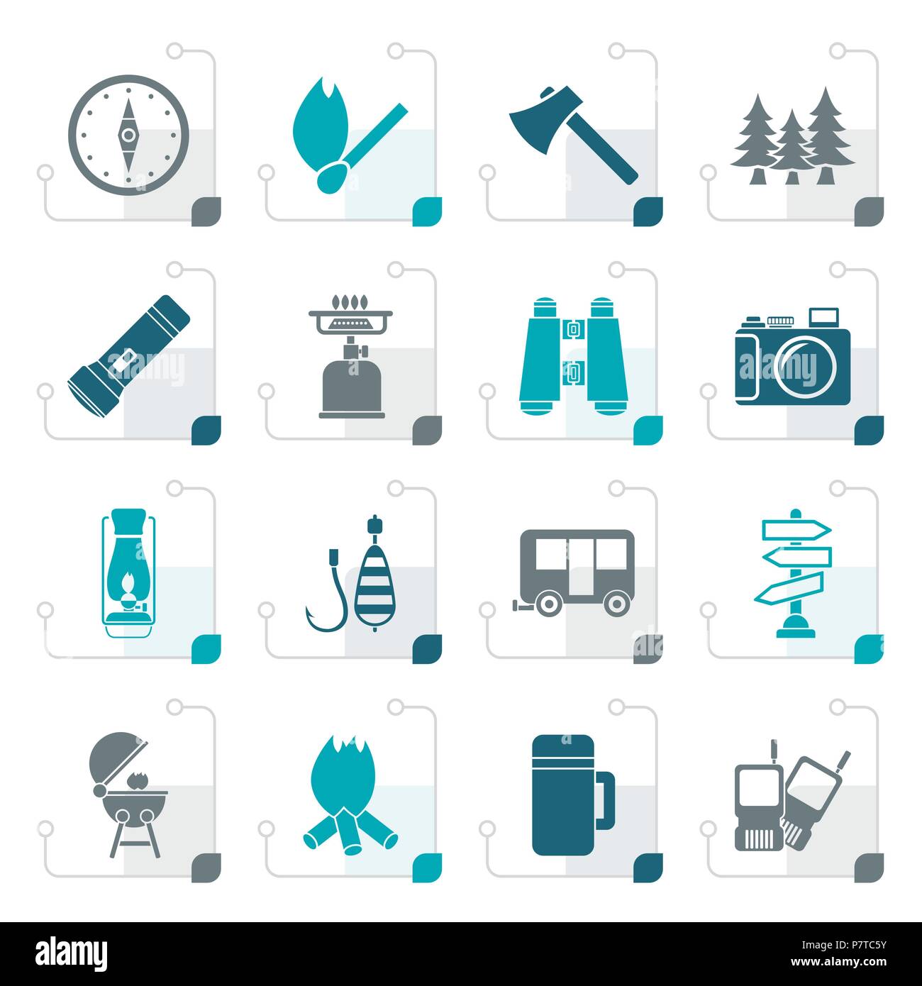 Stylized Camping, travel and Tourism icons - vector icon set Stock ...