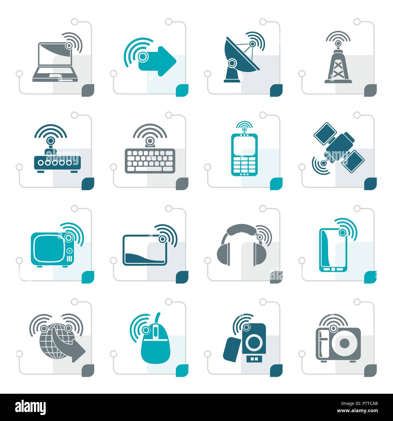 Stylized wireless and technology icons - vector icon set Stock Vector