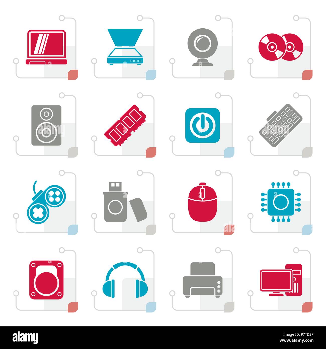 Stylized Computer Parts and Devices icons vector icon set Stock