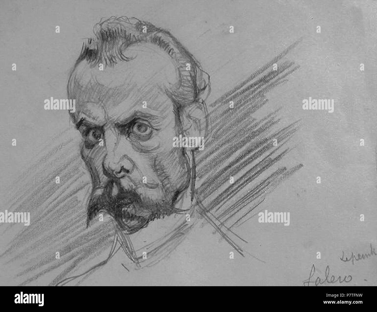 English: Caricature of Luis Ricardo Falero black pencil on paper 14,5 x 15,7 cm inscribed b.r.: Lepeinte / falero 1880-1885  . from 1880 until 1885 252 Luis Ricardo Falero, by Manuel Luque de Soria Stock Photo