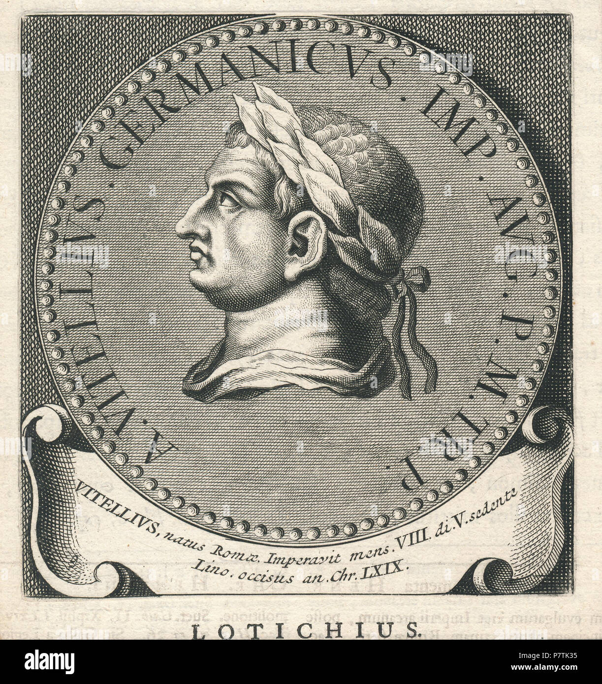 .  Nederlands: Aulus Vitellius Germanicus .  Nederlands: gravure in medaillon van Aulus Vitellius Germanicus, Romeins keizer van 16-4 tot 22-12 69 gedurende het Vierkeizerjaar English: engraving in medallion of Aulus Vitellius Germanicus, Roman emperor 4-16 untill 12-22-69 during the year of the four emperors . N/A 29 Aulus Vitellius Germanicus Erfgoedcentrum Rozet 300 191 d 6 C (75) 20171115 0001 Stock Photo