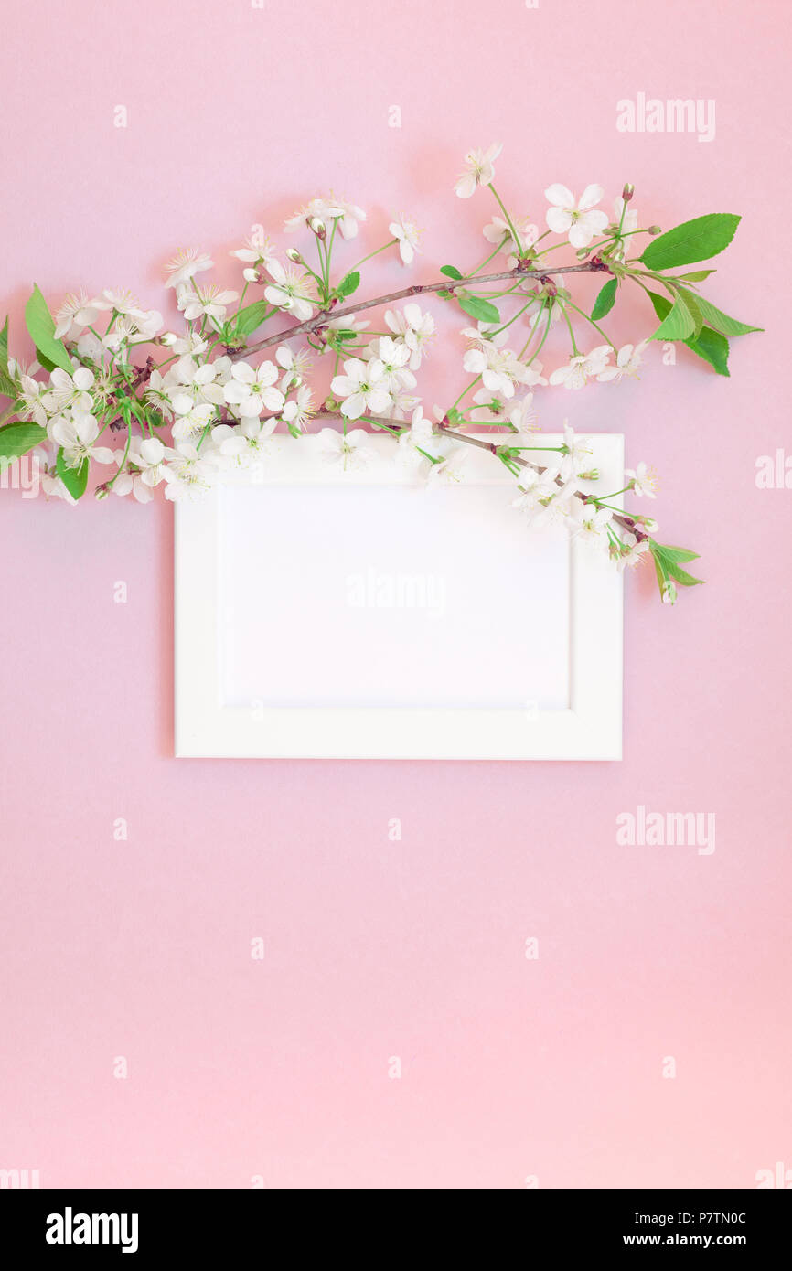 Creative flat lay concept top view of blank frame mock up and cherry ...