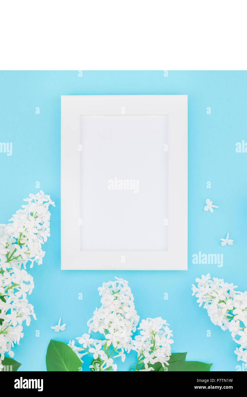 Creative flat lay concept top view of blank postcard frame mock up and ...