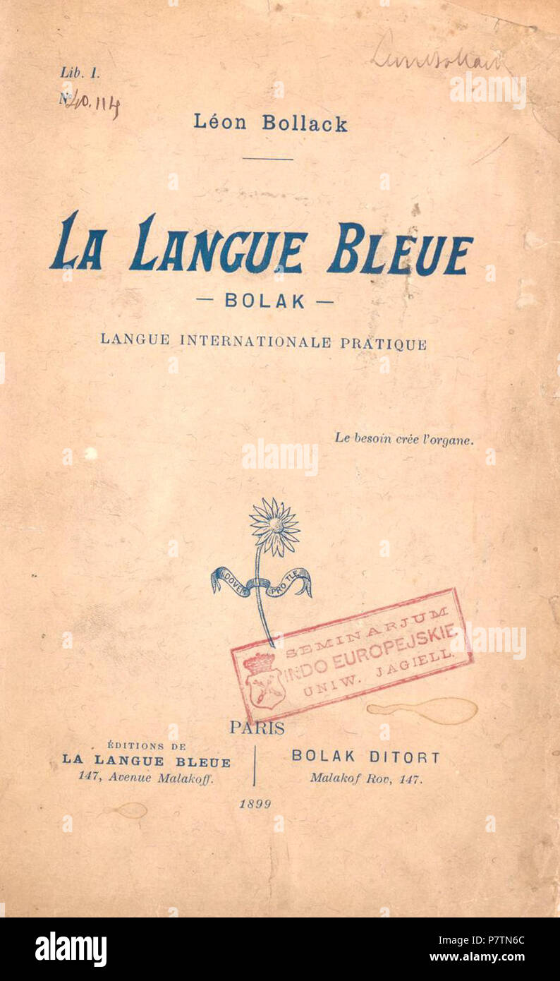 Français : Leon Bollack: La Langue Bleue Bolak: langue internationale pratique, 1899 . 1899 52 Bolak Stock Photo