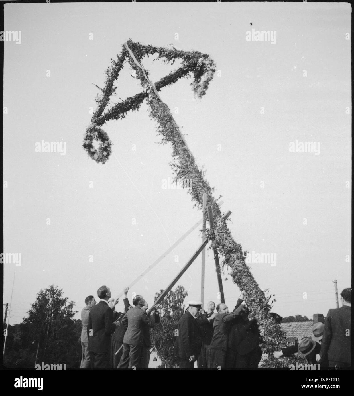 Schweden: Mitsommerfest; Mehrere Männer stellen einen Mittsommerbaum auf. June 1937 81 CH-NB - Schweden- Mitsommerfest - Annemarie Schwarzenbach - SLA-Schwarzenbach-A-5-17-236 Stock Photo