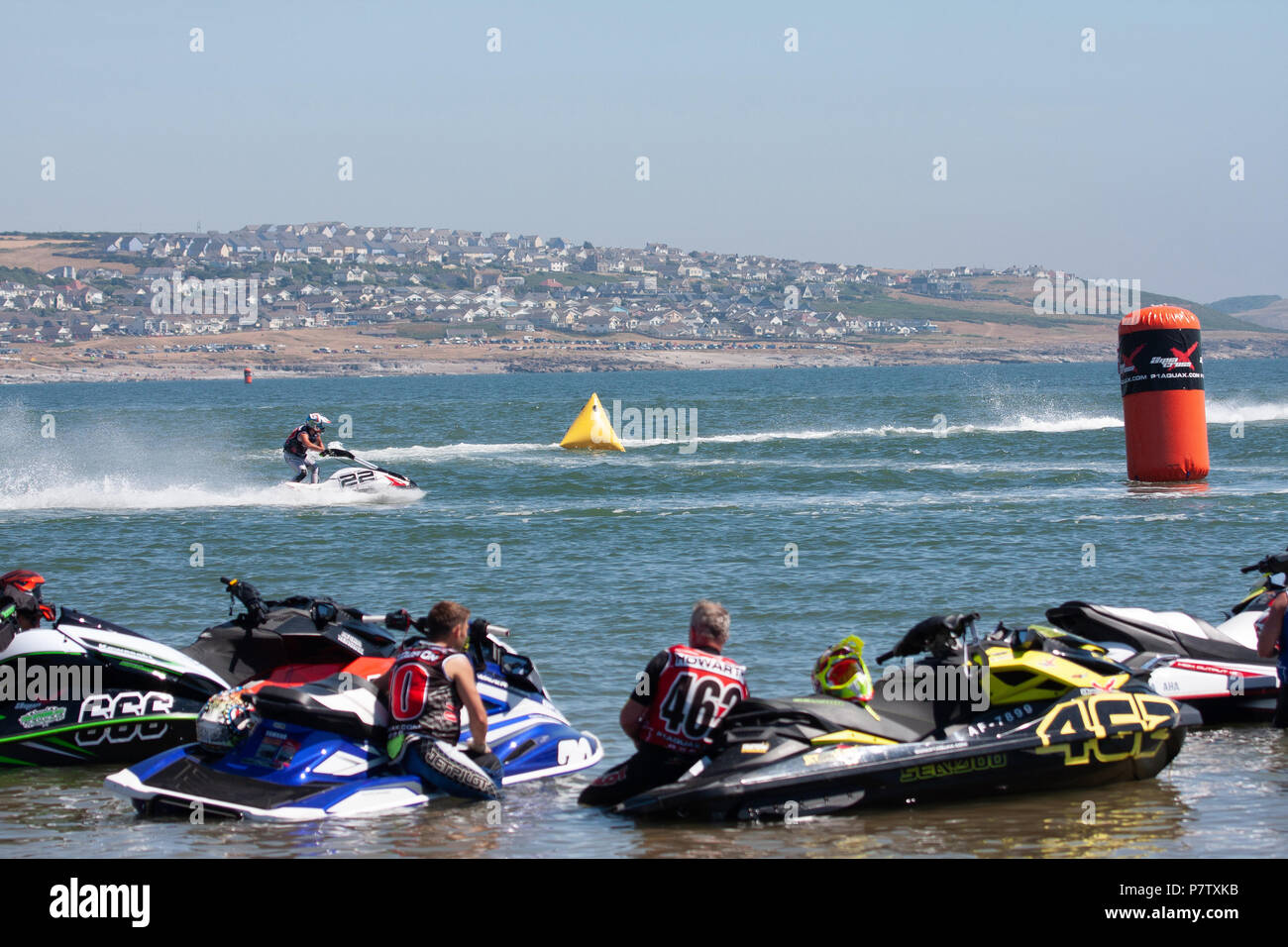 Newton Beach, Porthcawl, Wales, 07 July,2018. Competitors relaxing during The 2018 AquaX UK Championships which is a round National race series of high speed, adrenaline-packed P1 Aqua Cross jet ski racing. Credit Andrew William Megicks/Alamy Live News Stock Photo