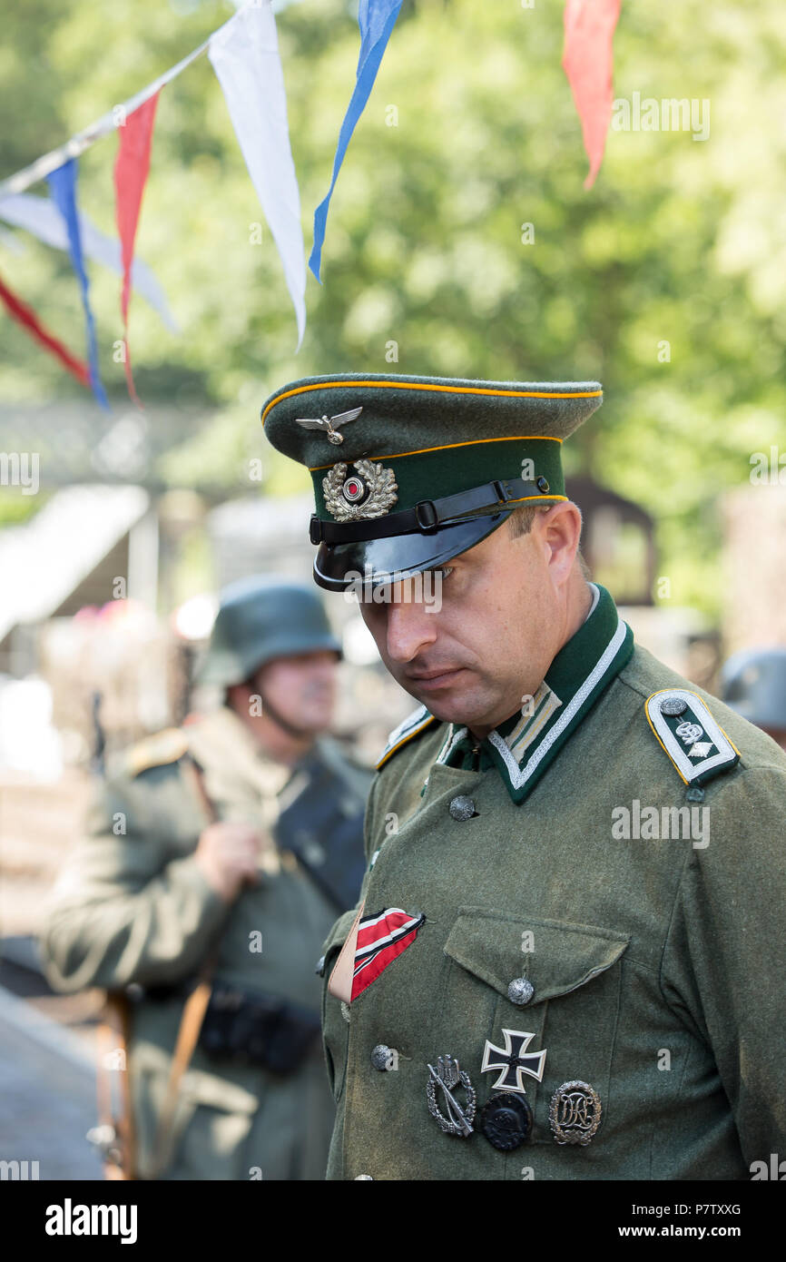 Kidderminster, UK. 7th July, 2018. A journey back in time continues at the Severn Valley Railway as all involved turn the clock back to the 1940s. Visitors and staff pull out all the stops to ensure a realistic wartime Britain is experienced by all on this heritage railway line. Credit: Lee Hudson/Alamy Live News Stock Photo