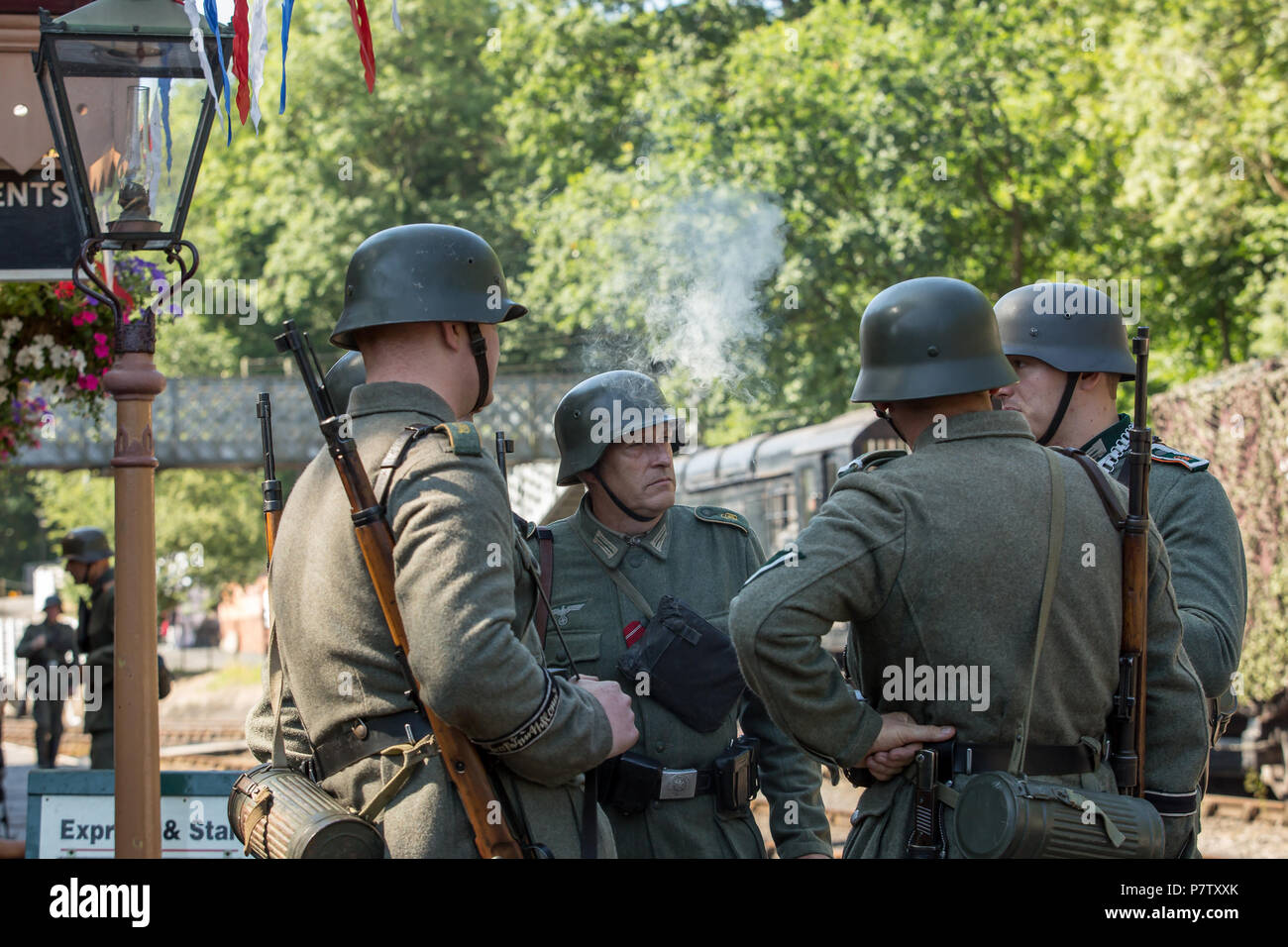 Kidderminster, UK. 7th July, 2018. A journey back in time continues at the Severn Valley Railway as all involved turn the clock back to the 1940s. Visitors and staff pull out all the stops to ensure a realistic wartime Britain is experienced by all on this heritage railway line. Credit: Lee Hudson/Alamy Live News Stock Photo