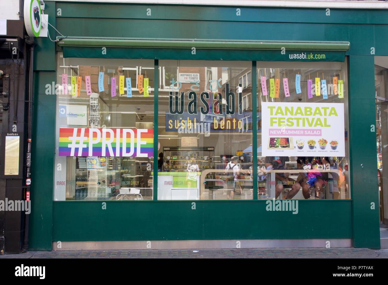 London, UK. 7th July 2018. Pride celebrations in London. Wasabi in Soho, London with #Pride on their window to celebrate Pride in London 2018. Credit: Dimple Patel/Alamy Live News Stock Photo