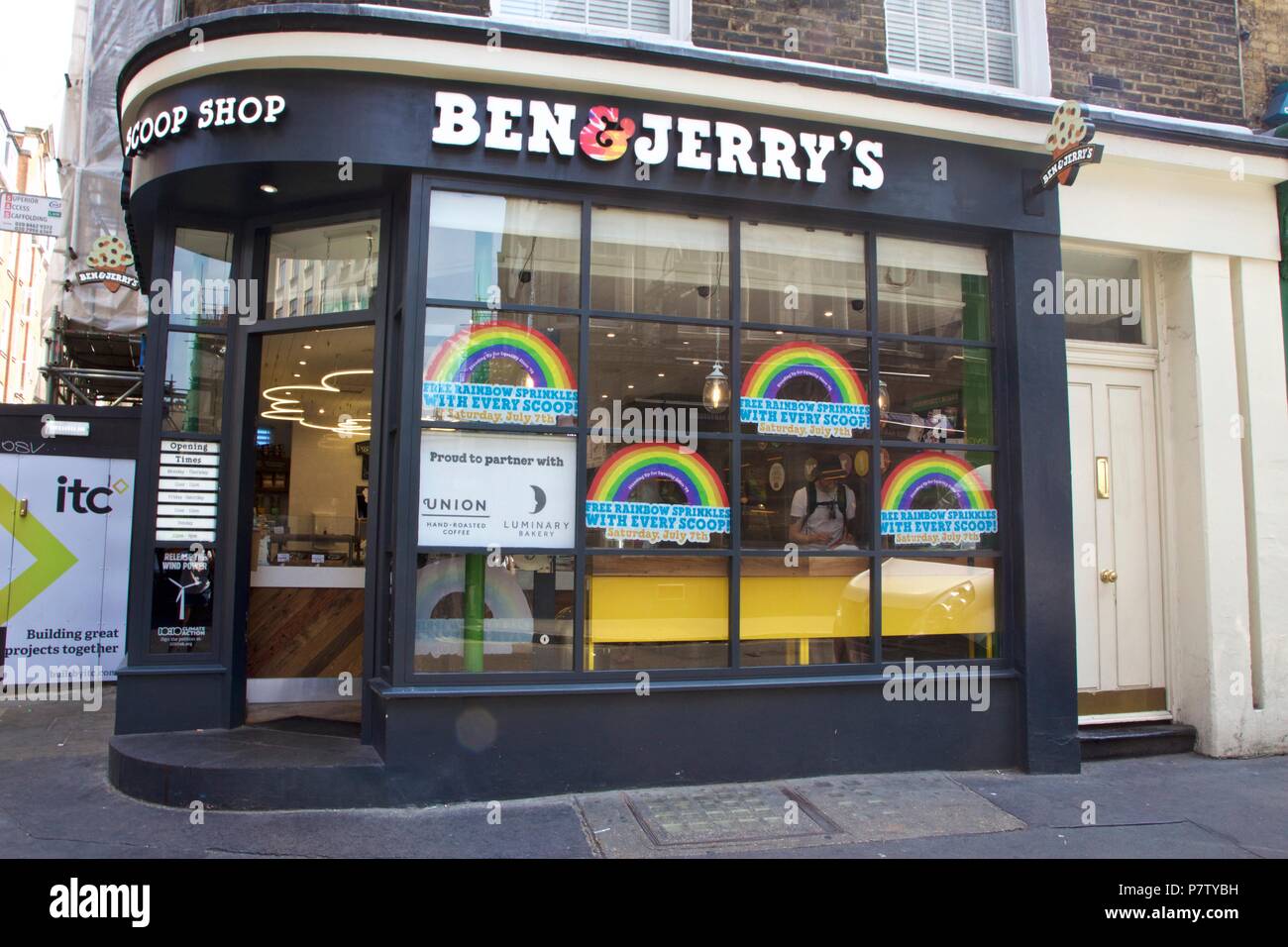 London, UK. 7th July 2018. Pride celebrations in London. Ben&Jerry's on Wardour Street, Soho, London celebrating Pride in London 2018 by offering free rainbow sprinkles with every scoop. Credit: Dimple Patel/Alamy Live News Stock Photo