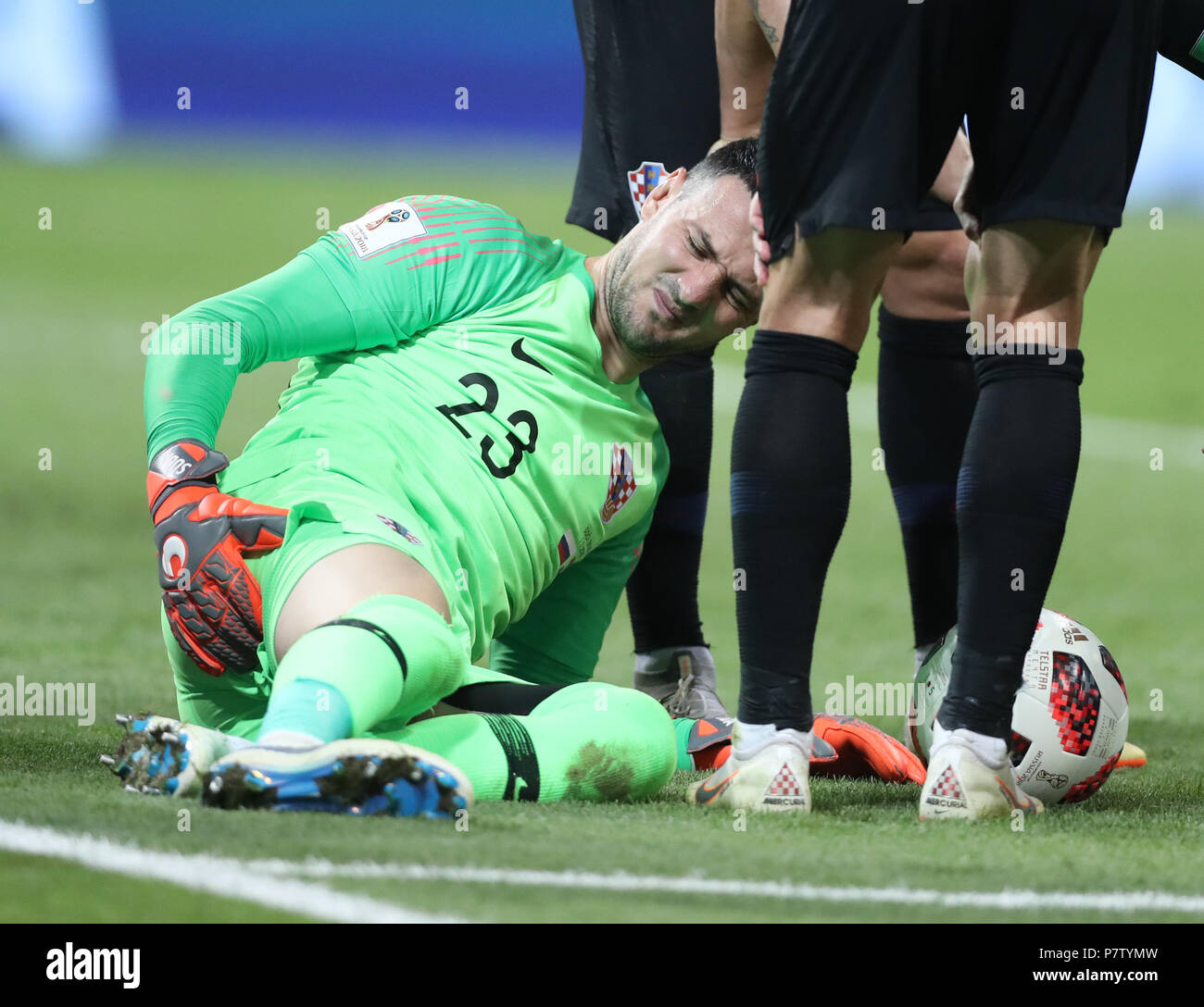 Sochi, Russia. 7th July, 2018. Goalkeeper Danijel Subasic of Croatia sustains injury during the 2018 FIFA World Cup quarter-final match between Russia and Croatia in Sochi, Russia, July 7, 2018. Credit: Cao Can/Xinhua/Alamy Live News Stock Photo