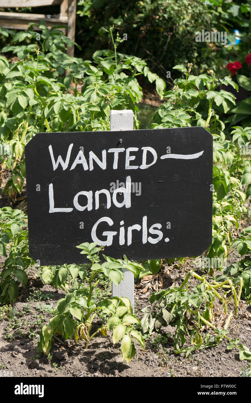 Kidderminster, UK. 7th July, 2018. A journey back in time continues at the Severn Valley Railway as we turn the clock back to the 1940s. Visitors and staff pull out all the stops to ensure a realistic WW2 wartime Britain is experienced by all on this heritage railway line. 'Wanted - Land Girls' sign on display at a vintage, rural railway station calling for all to support the nation's need for food supplies. A reminder of Britain's community spirit in times of need and crisis: we're all in this together. Credit: Lee Hudson/Alamy Live News Stock Photo