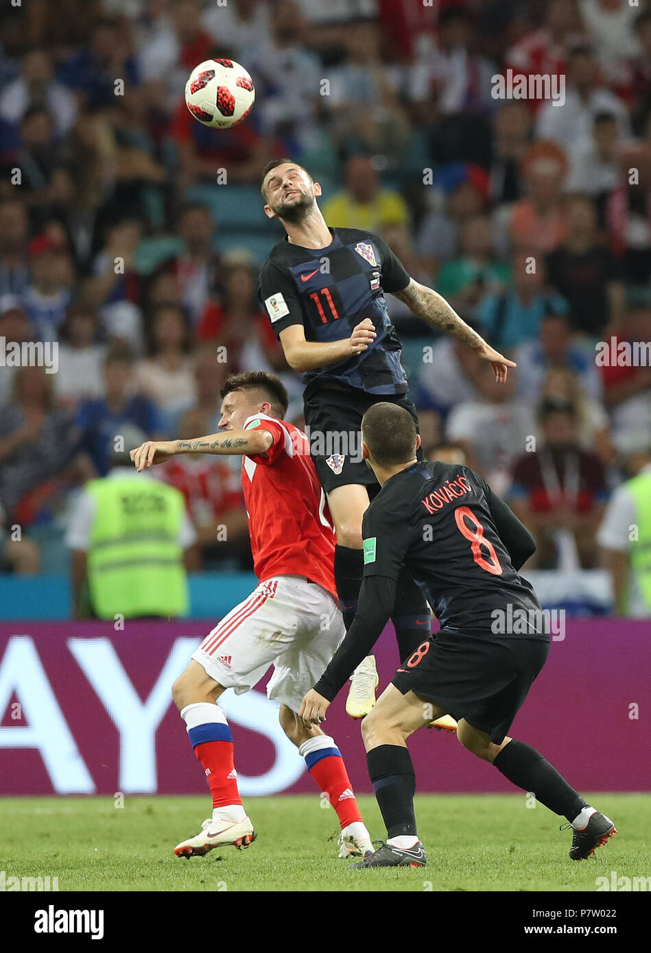 Sochi, Russia. 7th July, 2018. Marcelo Brozovic (top) of Croatia competes for a header during the 2018 FIFA World Cup quarter-final match between Russia and Croatia in Sochi, Russia, July 7, 2018. Credit: Xu Zijian/Xinhua/Alamy Live News Stock Photo