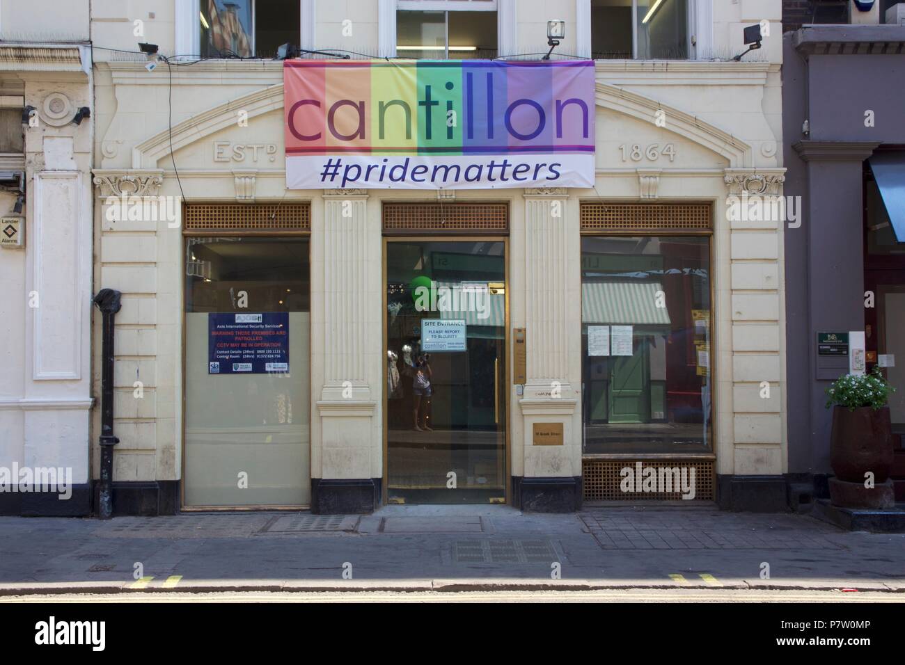 London, UK. 7th July 2018. Pride celebrations in London. A rainbow flag for Cantillon #PrideMatters for Pride in London 2018. Credit: Dimple Patel/Alamy Live News Stock Photo