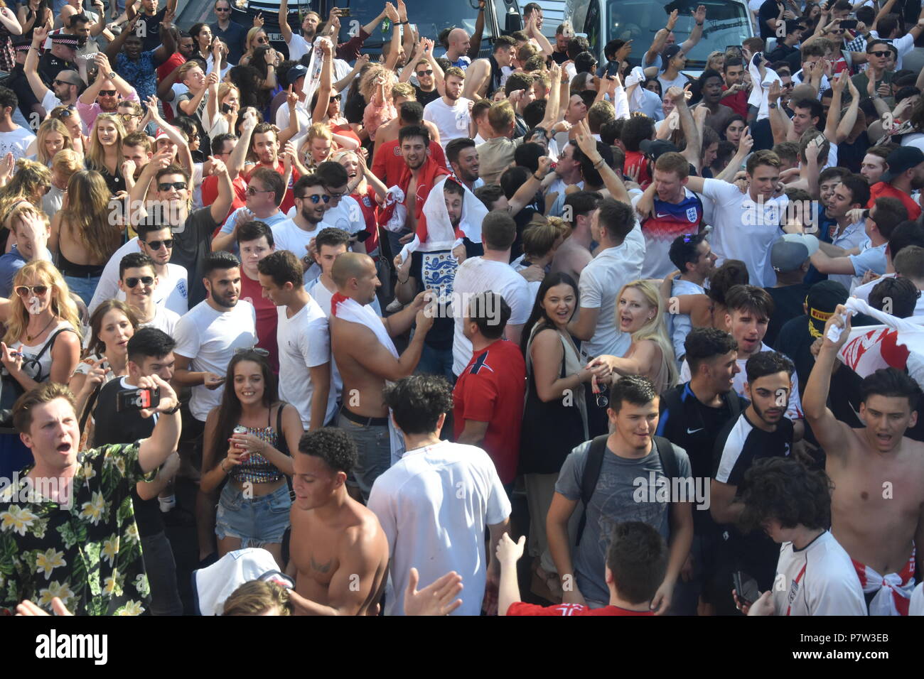 London, UK. 07th July, 2018. Crowds go wild as England qualify for the