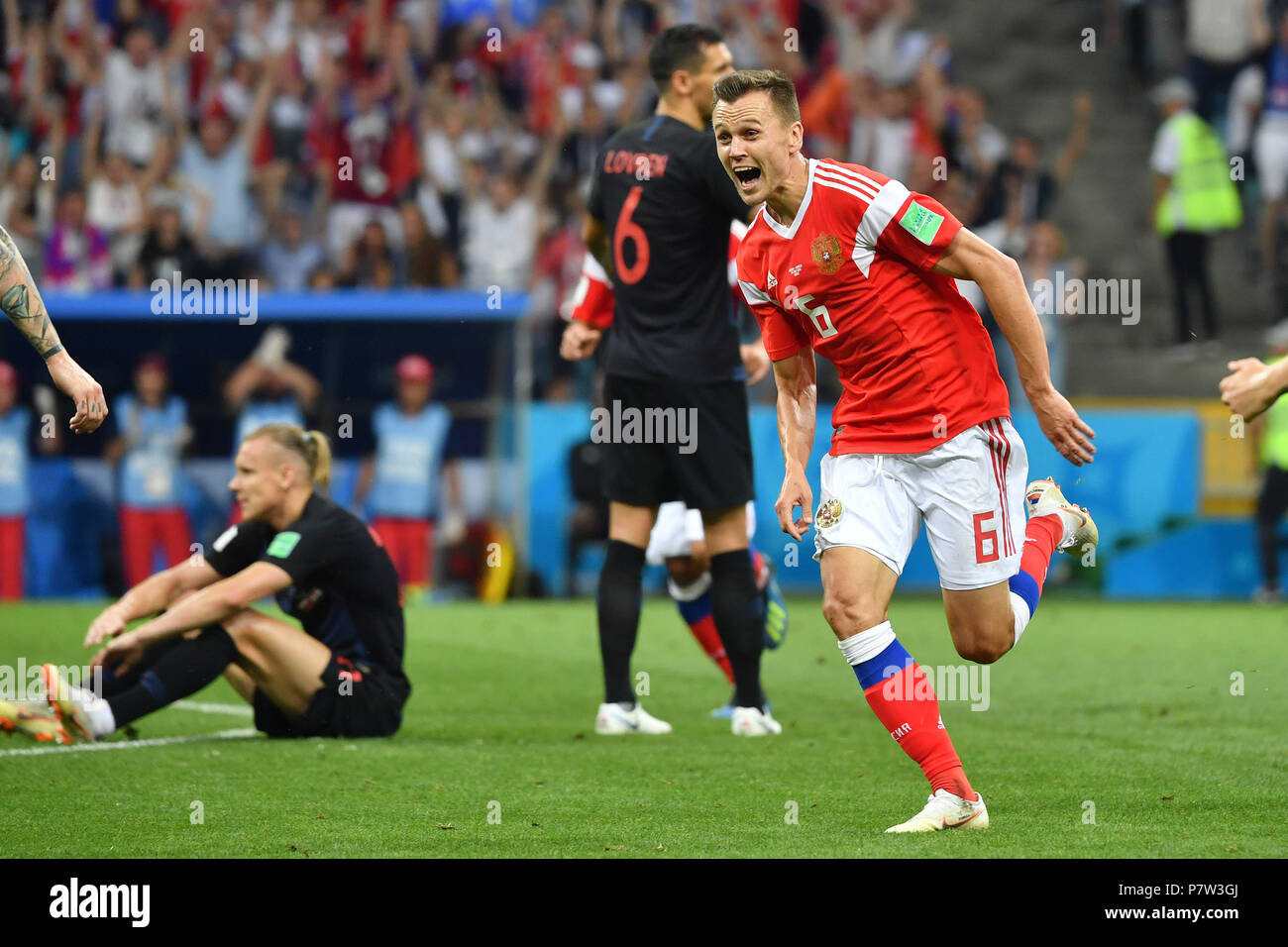 Sochi, Eussia. 07th July, 2018. goaljubel Denis CHERYSHEV (RUS) after goal to 1-0, jubilation, joy, enthusiasm, action. Russia (RUS) - Croatia (CRO) 5-6 iE Quarterfinals, Round of Eight, Game 59 on 07.07.2018 in Sochi, Sochi Fisht Stadium. Football World Cup 2018 in Russia from 14.06. - 15.07.2018. | usage worldwide Credit: dpa/Alamy Live News Stock Photo