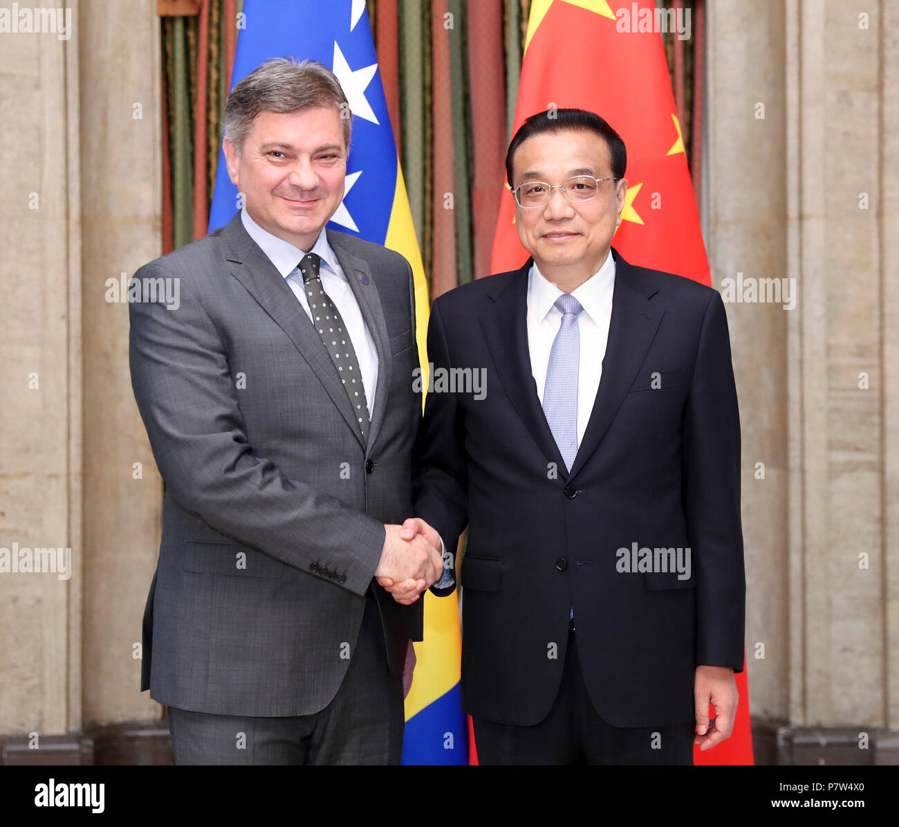 Sofia, Bulgaria. 7th July, 2018. Chinese Premier Li Keqiang (R) meets with Bosnia and Herzegovina (BiH) Chairman of the Council of Ministers Denis Zvizdic in Sofia, Bulgaria, July 7, 2018. Credit: Ding Haitao/Xinhua/Alamy Live News Stock Photo