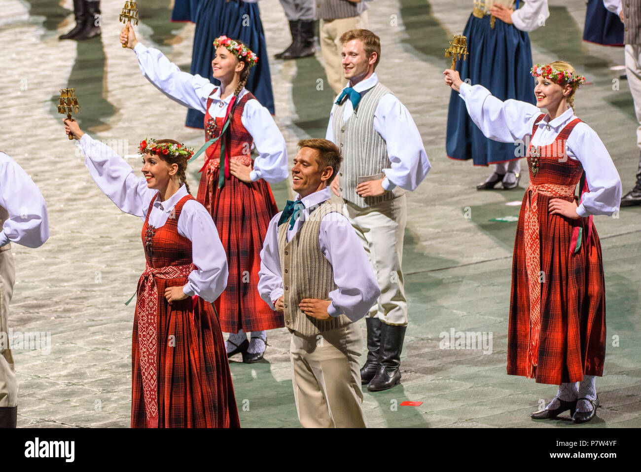 Riga, Latvia. 07th July, 2018. 07.07.2018. RIGA, LATVIA. Great Dance Concert 'Mara’s Country', during The Song and Dance Celebration. Credit: Gints Ivuskans/Alamy Live News Credit: Gints Ivuskans/Alamy Live News Stock Photo