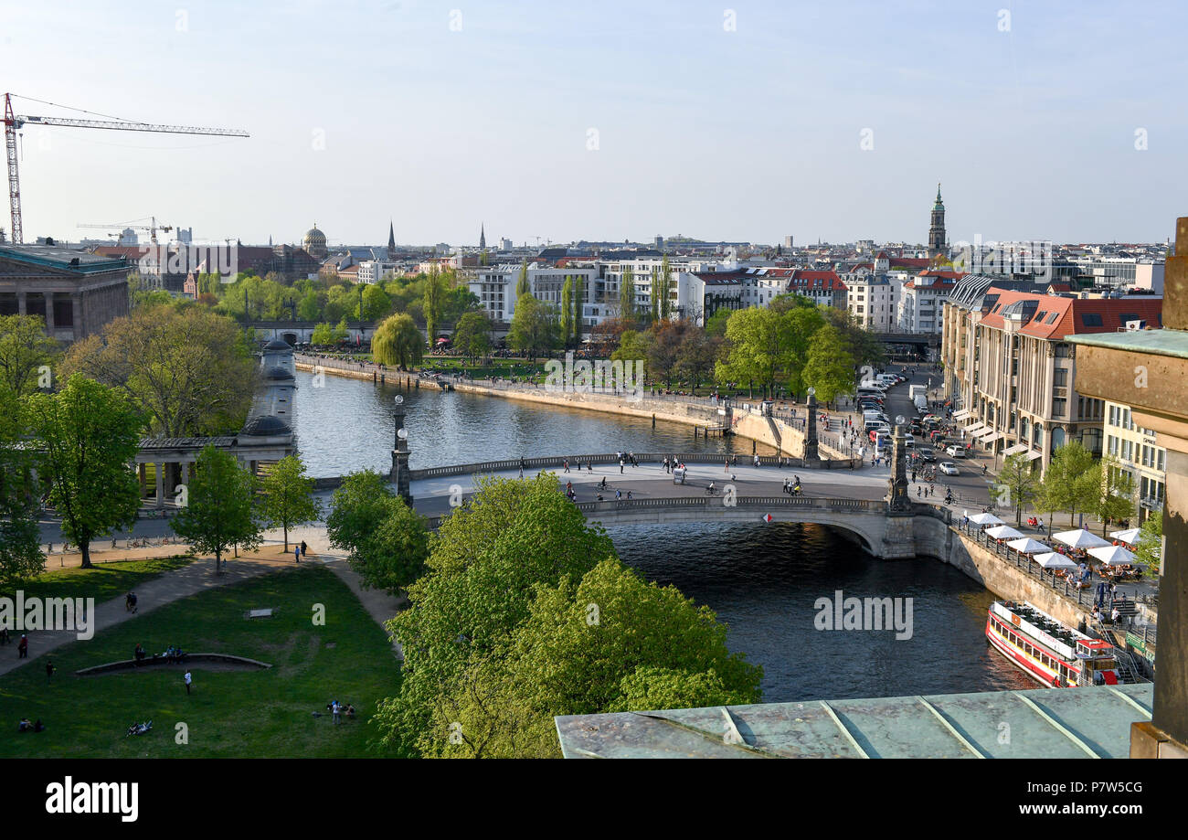 Germany, Berlin. 19th Apr, 2018. View from the roof of the Berlin cathedral of the Friedrich's bridge and the James Simon Park (L) in central Berlin. The park saw an obviously antisemitic attack on a jewish Syrian, injuring the victim. Credit: Jens Kalaene/dpa-Zentralbild/dpa/Alamy Live News Stock Photo