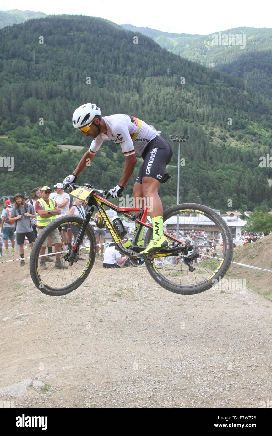 8th July 2018, Val di Sole, Trentino, Italy; Mercedes-Benz UCI MTB World Cup,  Cross Country Olympic, Mens Elite; Manuel FUMIC (GER) Credit: Action Plus  Sports Images/Alamy Live News Stock Photo - Alamy