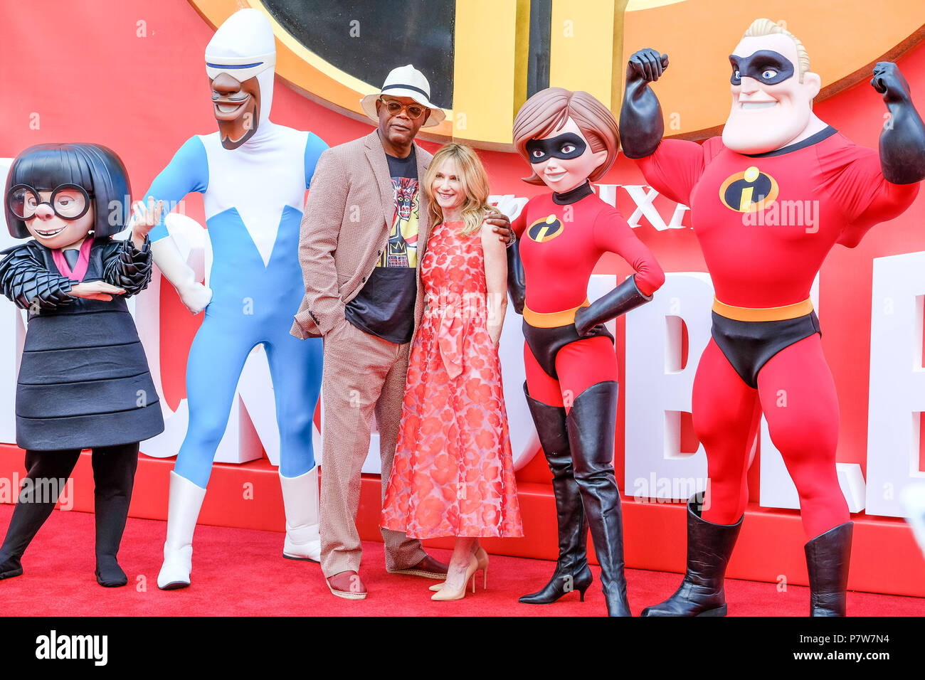 London, UK. 08th July, 2018. Samuel L. Jackson and Holly Hunter at UK premiere of Incredibles 2 on Sunday 8 July 2018 held at BFI Southbank, London. Pictured: Samuel L. Jackson, Holly Hunter. Stock Photo