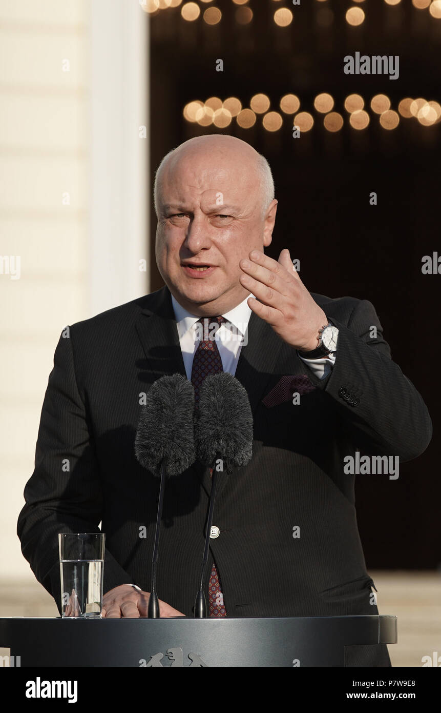 Berlin, Germany. 08th July, 2018. George Tsereteli, president of the Parliamentary Assembly of the OSZE, speaking in the garden of Schloss Bellevue on the occasion of the 27th annual session of the OSCE Parliamentary Assembly. Credit: Jörg Carstensen/dpa/Alamy Live News Stock Photo