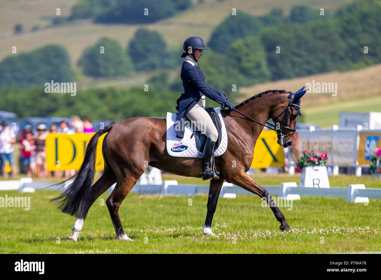 Somerset, UK. 07th July, 2018. Virginia Thomson riding Star Nouveau. NZL. Event Rider Masters. Section A. Dressage.  St James Place Barbury Horse Trials. Horse Trials.  Barbury Castle. Wroughton. Somerset. UK. 07/07/2018. Credit: Sport In Pictures/Alamy Live News Stock Photo