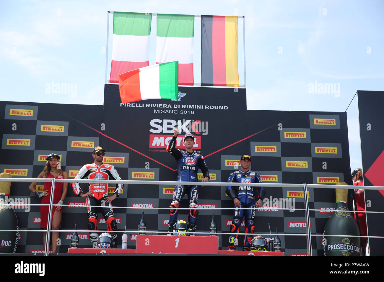 Misano, Italy. 8th July, 2018. F Caricasulo - R De Rosa - S Cortese during Podium worldSSP the Motul FIM Superbike Championship - Italian Round  Sunday race during the World Superbikes - Circuit PIRELLI Riviera di Rimini Round, 6 - 8 July 2018 on Misano, Italy. Credit: Fabio Averna/Alamy Live News Stock Photo