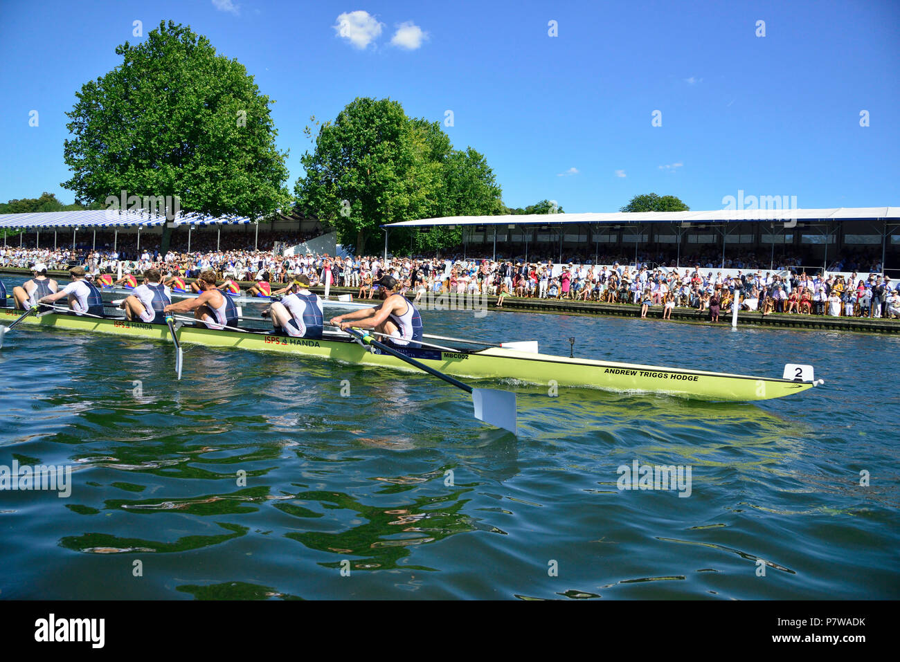 Henley-on-Thames, UK.  08th July, 2018. The Grand Challenge Cup Mens 8. .Georgina Hope Rinehart National Training Centre Australia beat Clubul Sportiv Dinamo, Bucuresti and Clubul Sportiv al Armatei Steaua, Bucuresti Romania by 3/4 length.  Australia set a new course record of 5:53 minutes and are the fastest crew to ever row the Henley course.Credit Wendy Johnson/Alamy Live News Stock Photo
