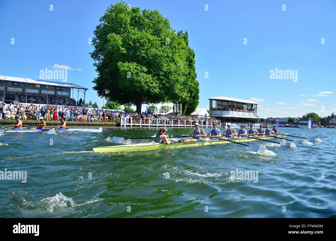 Henley-on-Thames, UK.  8th July, 2018. The Grand Challenge Cup Mens 8. .Georgina Hope Rinehart National Training Centre Australia beat Clubul Sportiv Dinamo, Bucuresti and Clubul Sportiv al Armatei Steaua, Bucuresti Romania. by 3/4 length. Australia set a new course record of 5:53 minutes and are the fastest crew to ever row the Henley course. Credit Wendy Johnson/Alamy Live News Stock Photo