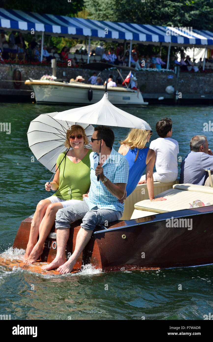 Henley-on-Thames, UK. 08th July, 2018. Finals day at Henley Royal Regatta was a spectacle for the crowds both by the thrilling rowing and unusual watercraft on the River Thames. Credit Wendy Johnson/Alamy Live News Stock Photo
