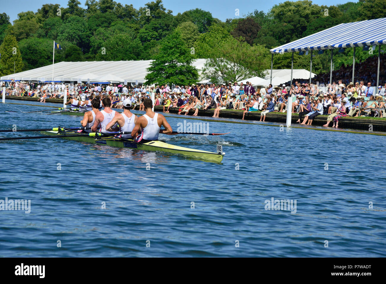 Henley-on-Thames, UK. 08th July, 2018. Leander Club beat University of London in the Visitors' Cup.  The student boat from the University of London were no match for the all-conquering Leander crew.  Leander set a trio of records on their way to victory, breaking the barrier record by one second, the Fawley record by four seconds and the course record by two seconds.  Credit Wendy Johnson/Alamy Live News Stock Photo