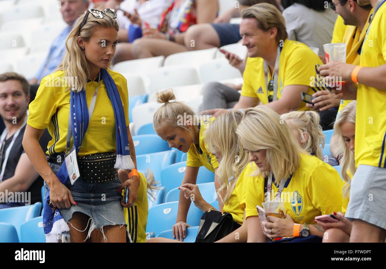 Maja Nilsson (left), wife of Victor Lindelof, during the FIFA World Cup, Quarter Final match at the Samara Stadium. Stock Photo