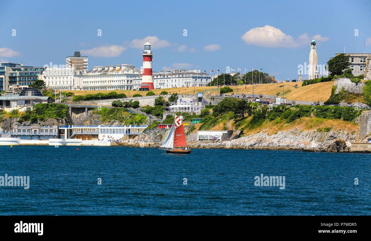 Classic Yachts sailing past Smeaton's Tower,Plymouth Hoe ,England,uk Stock Photo