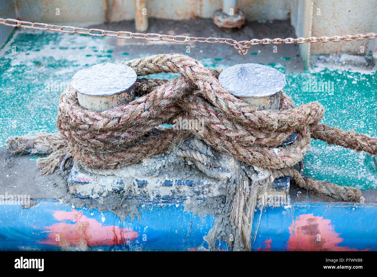 Close Up of Boat Rope Tied on Figure Eight Cleat Hitch Travel Concept