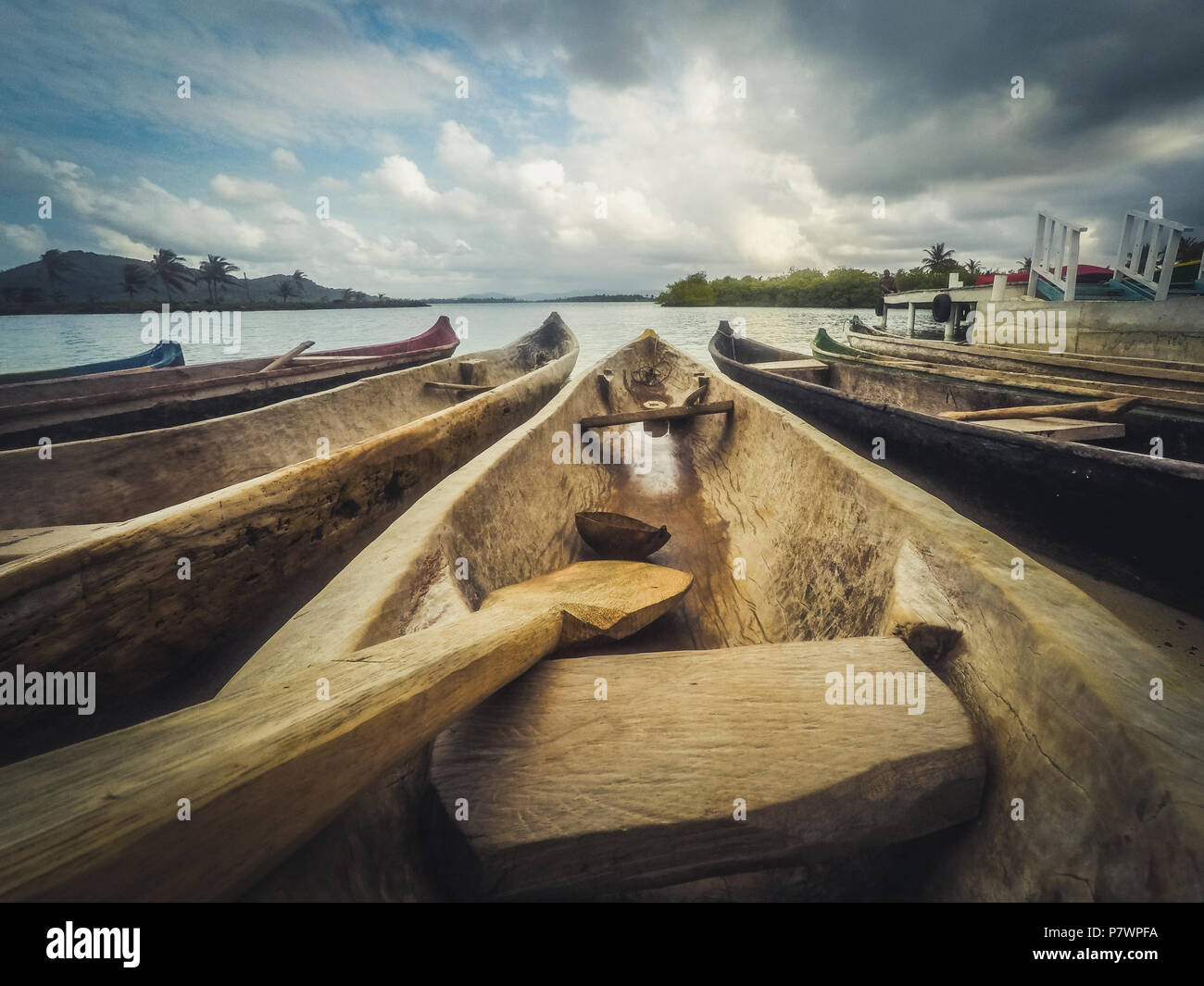 wooden canoe boats, traditional wood boat closeup Stock Photo