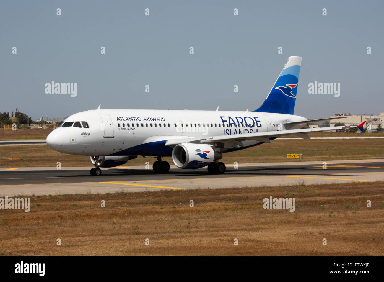 Airbus A319 commercial passenger jet plane belonging to Atlantic Airways, the airline of the Faroe Islands, taxiing for departure Stock Photo