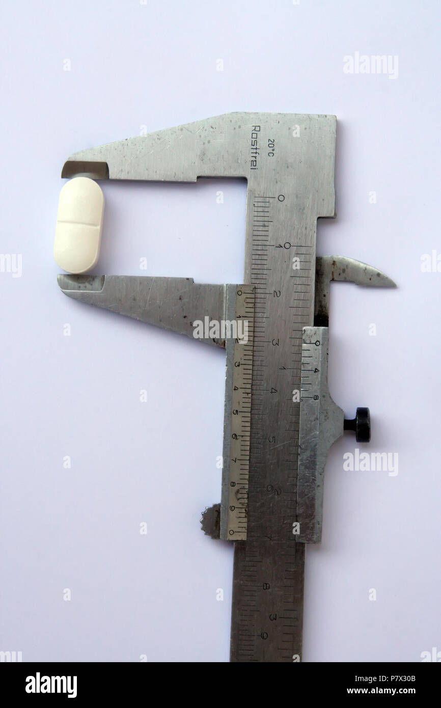Medical pill in a calliper. Medical pill in a measuring tool. Cost of