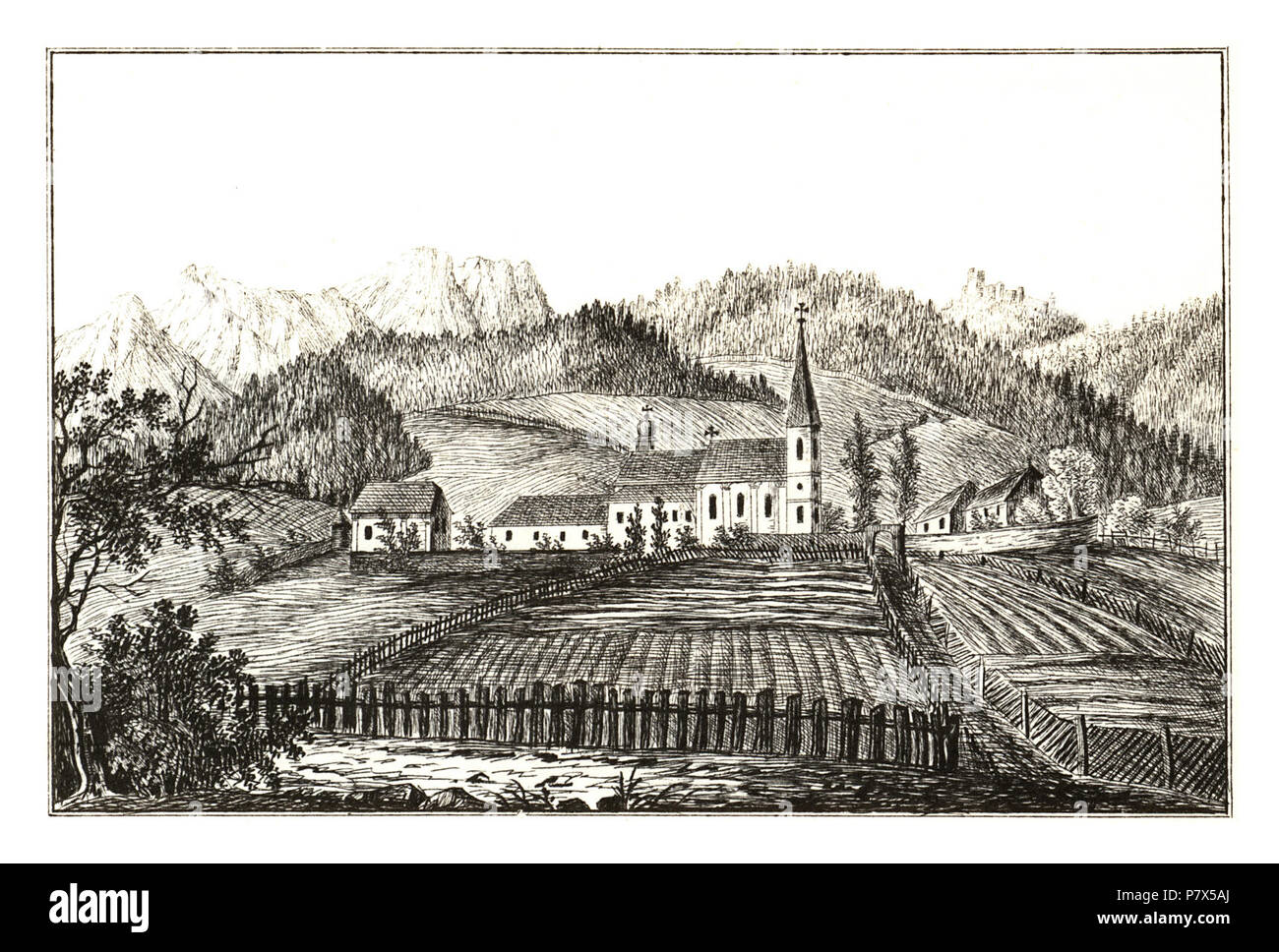 351 Mariahof, Mariahof - J.F.Kaiser Lithografirte Ansichten der Steiermark 1830. Stock Photo