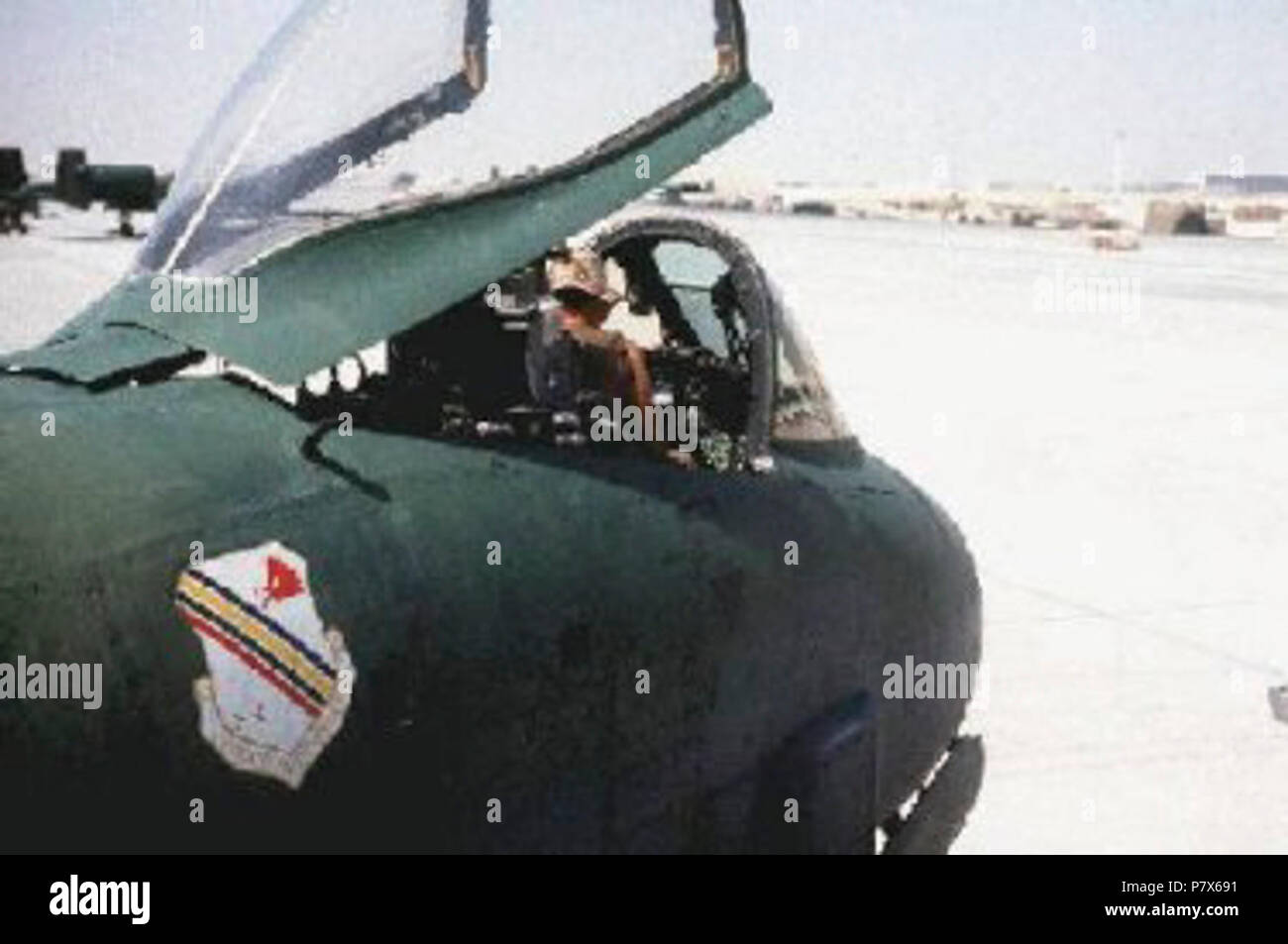 355th Tactical Fighter Squadron - Crew Chief in Cockpit at KFIA. Stock Photo