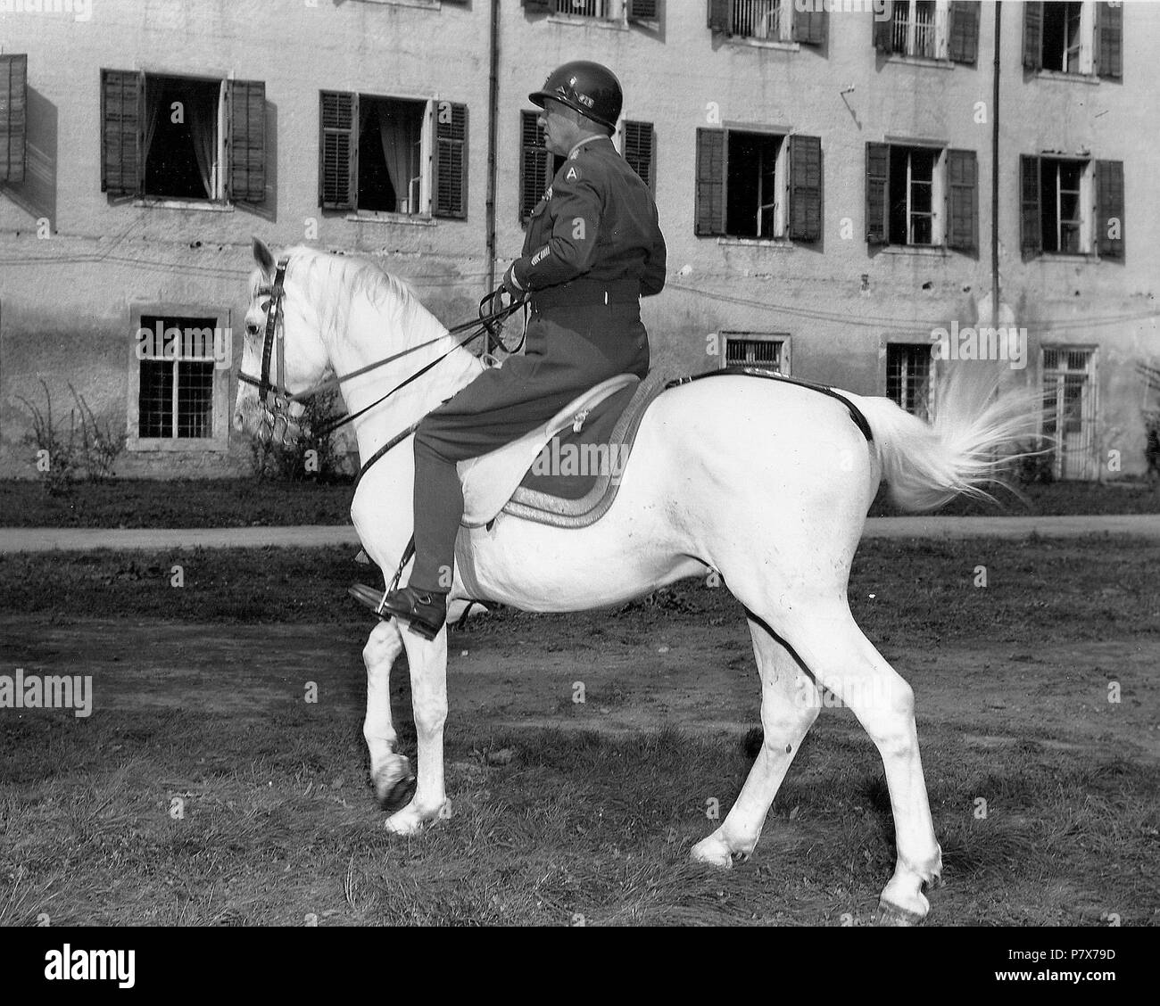 English: General Patton riding “Favory Africa”, which Hitler had personally picked out to be presented to Emperor Hirohito. The horse formerly belonged to the riding school of Vienna. It was confiscated by the Germans and later returned by the Americans . August 1945 171 George S. Patton 22 Stock Photo