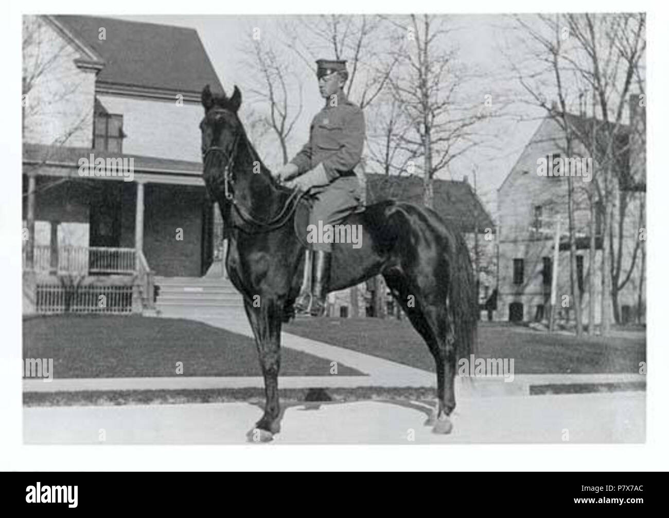 English S Patton, American soldier, on horseback. Fort Sheridan
