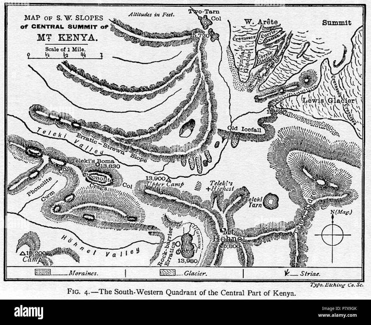 Sketch map by Gregory from his expedition to East Africa in 1892-3. This shows 'THe South-Western Quadrant of the Central Part of [Mount] Kenya' . 1892 175 Gregory004 Stock Photo