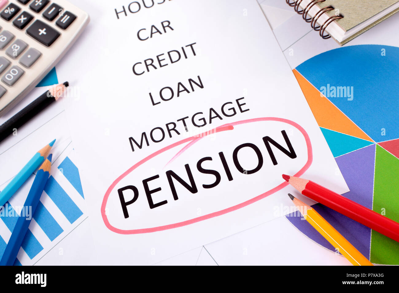 The word Pension circled in red with a list of saving and debt obligations surrounded by graphs, charts, books and pencils. Stock Photo