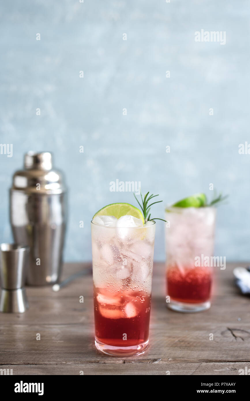 Sloe Gin Fizz Cocktail. Pink cold alcohol drink with ice, lime and soda